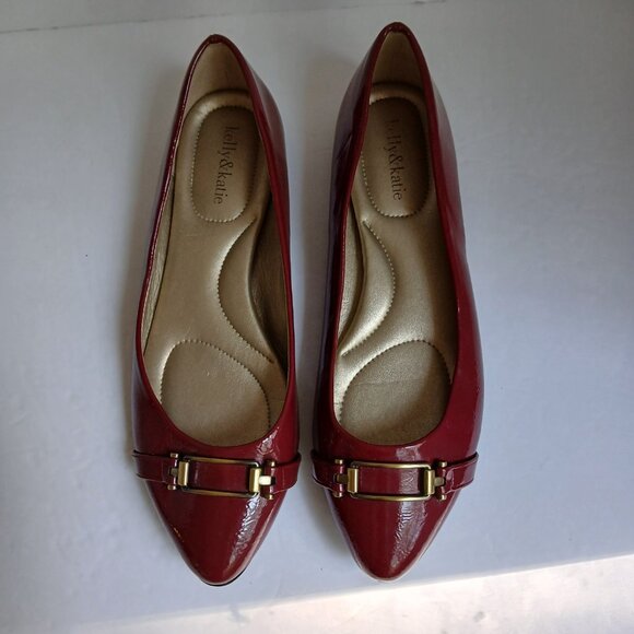 Burgundy Patent PointedToe Ballet Flats wth Burnished Gold Horsebit Buckle Sz11 - Picture 2 of 12